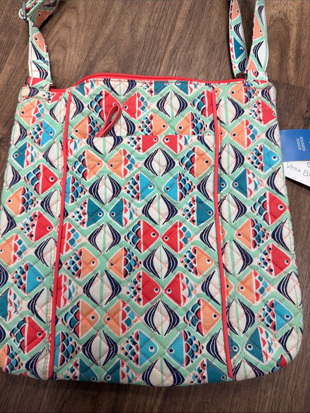 Vera Bradley Iconic Hipster Go Fish Coral Teal Multi Quilted Crossbody - Picture 3 of 4
